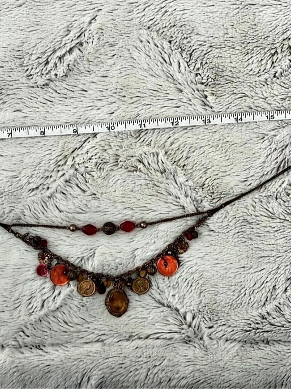 Bronze-Tone Charm Necklace Red Beads